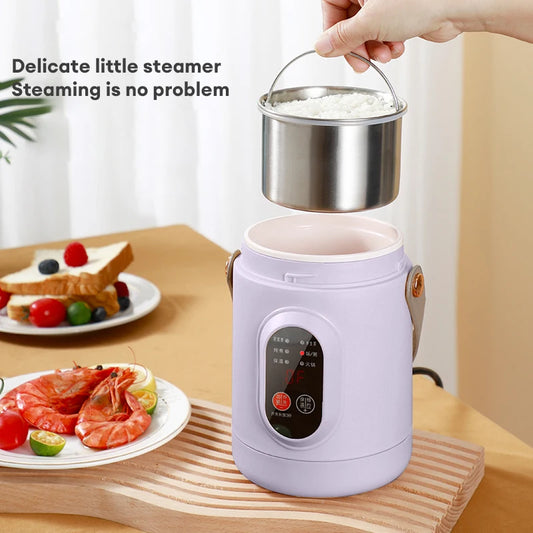 Purple 800ml portable electric rice cooker and travel kettle with stainless steel inner pot.