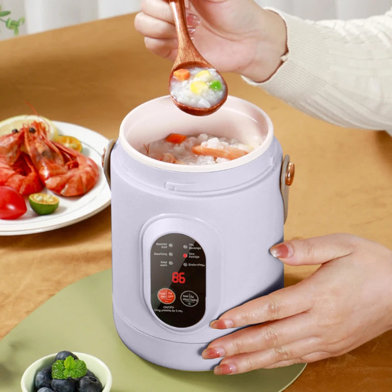 White 800ml portable electric rice cooker and travel kettle with food, held by hands.
