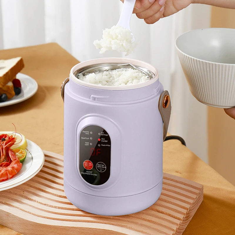 Compact 800ml purple electric rice cooker with non-stick pot, serving rice into a white bowl.