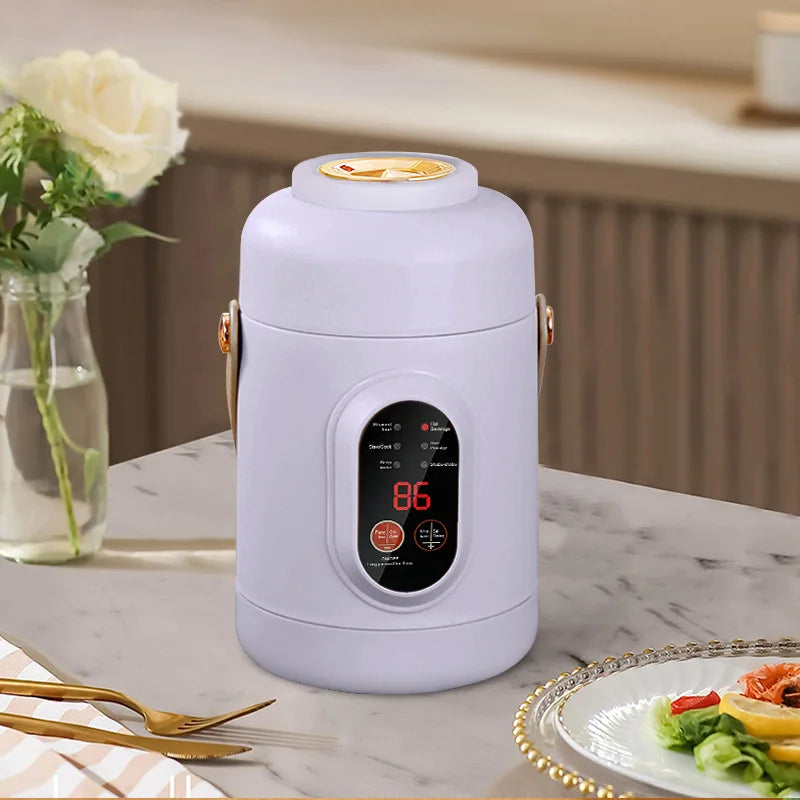 White 800ml portable electric rice cooker and travel kettle with digital display and gold accents.