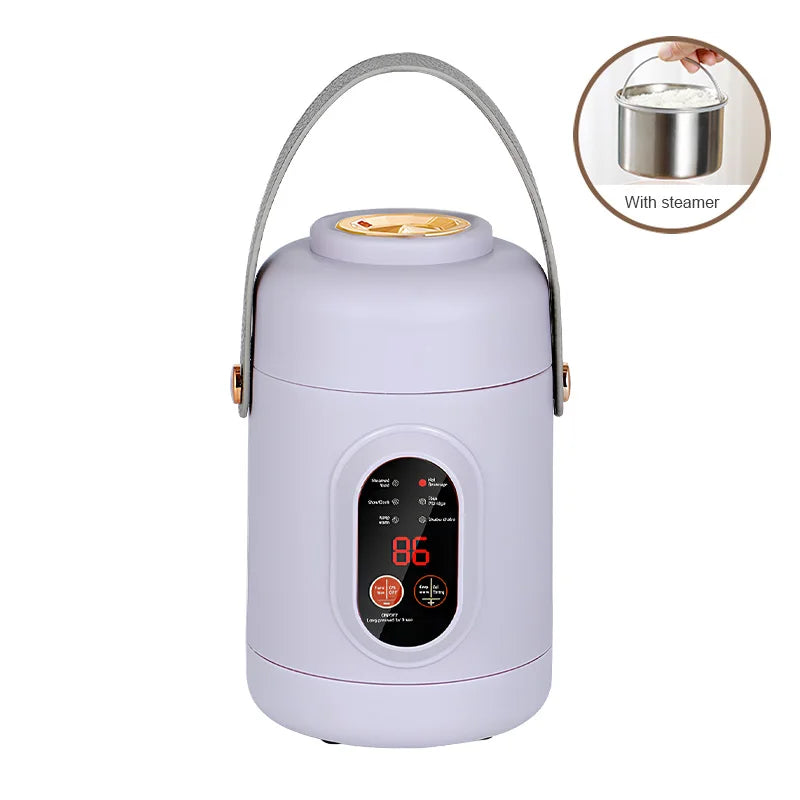 Lavender 800ml portable electric rice cooker and travel kettle with digital display and gray handle.