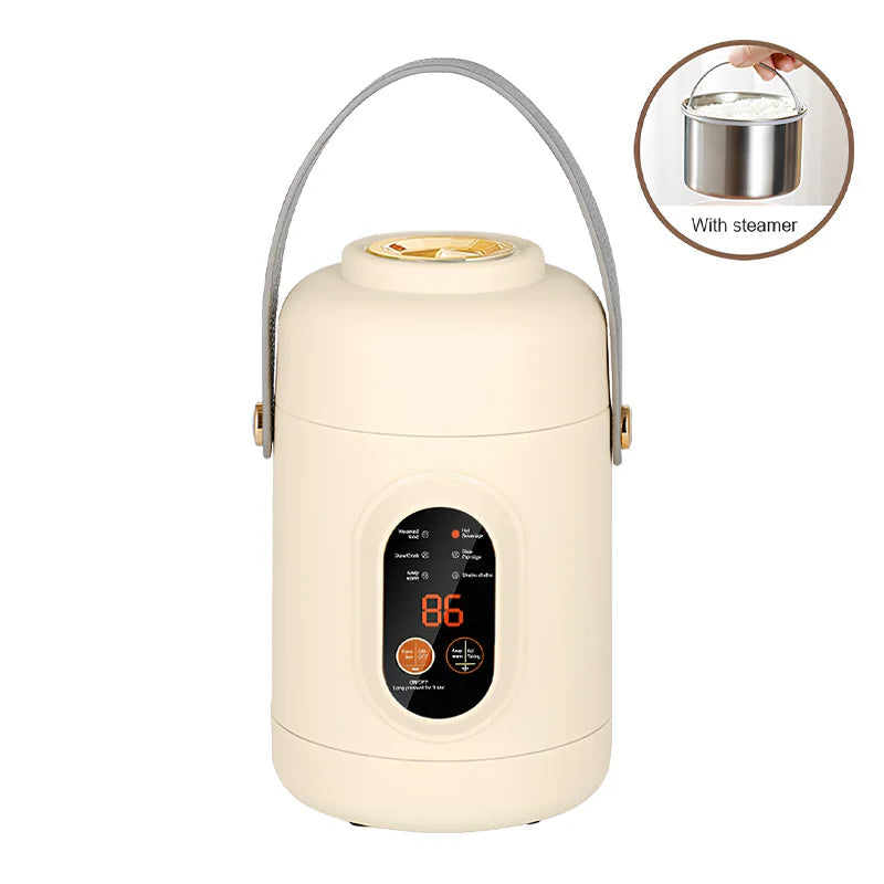 Cream portable electric rice cooker and travel kettle with digital display and gray handle.