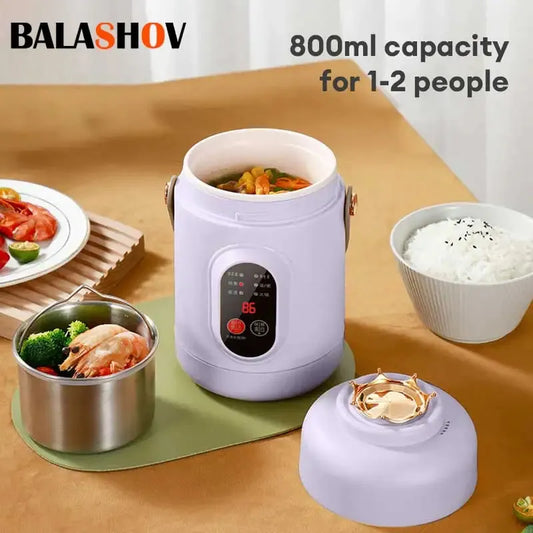 Light purple 800ml portable electric rice cooker with digital display, cooking shrimp and vegetables.