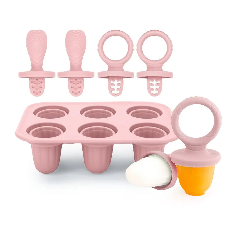 Pink silicone baby popsicle mold with 6 cavities and 4 handles, two with teethers.