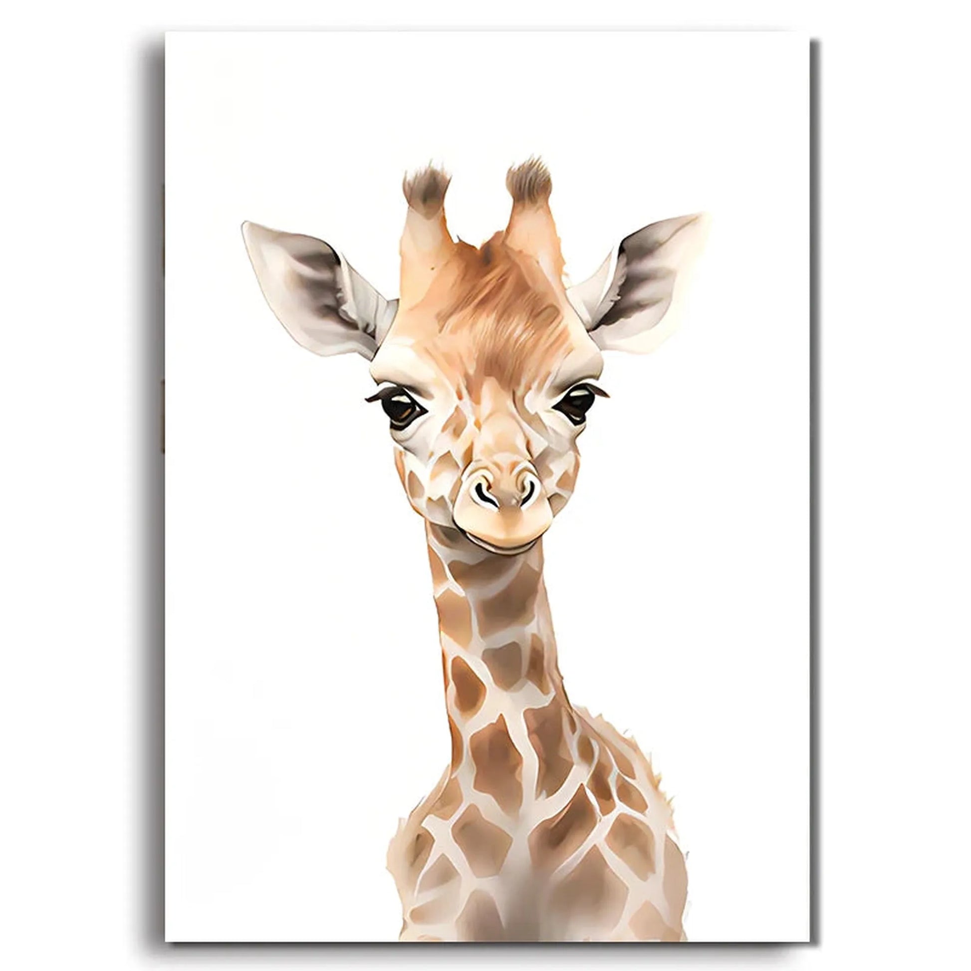 Canvas print featuring a cute, watercolor-style baby giraffe on a white background, perfect for a child's room.