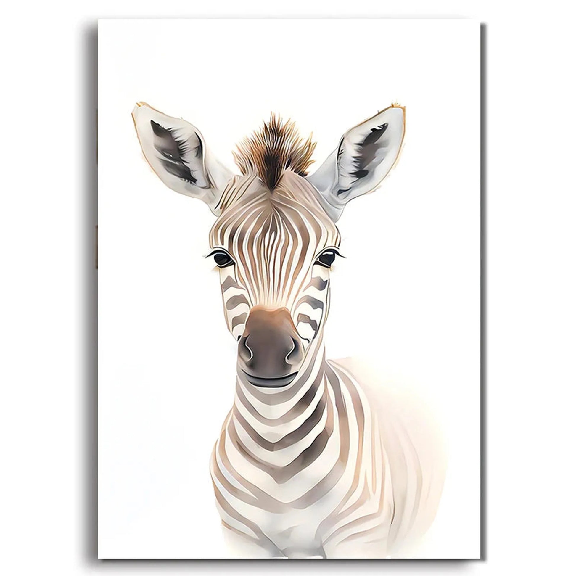 Cute baby zebra safari animal canvas art for kids' rooms, featuring soft brown and white stripes.