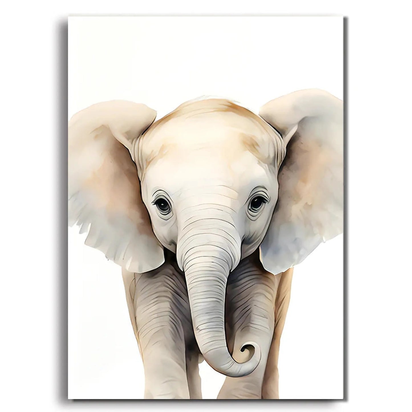Cute baby elephant safari animal canvas art for kids' room decor, white and beige tones.