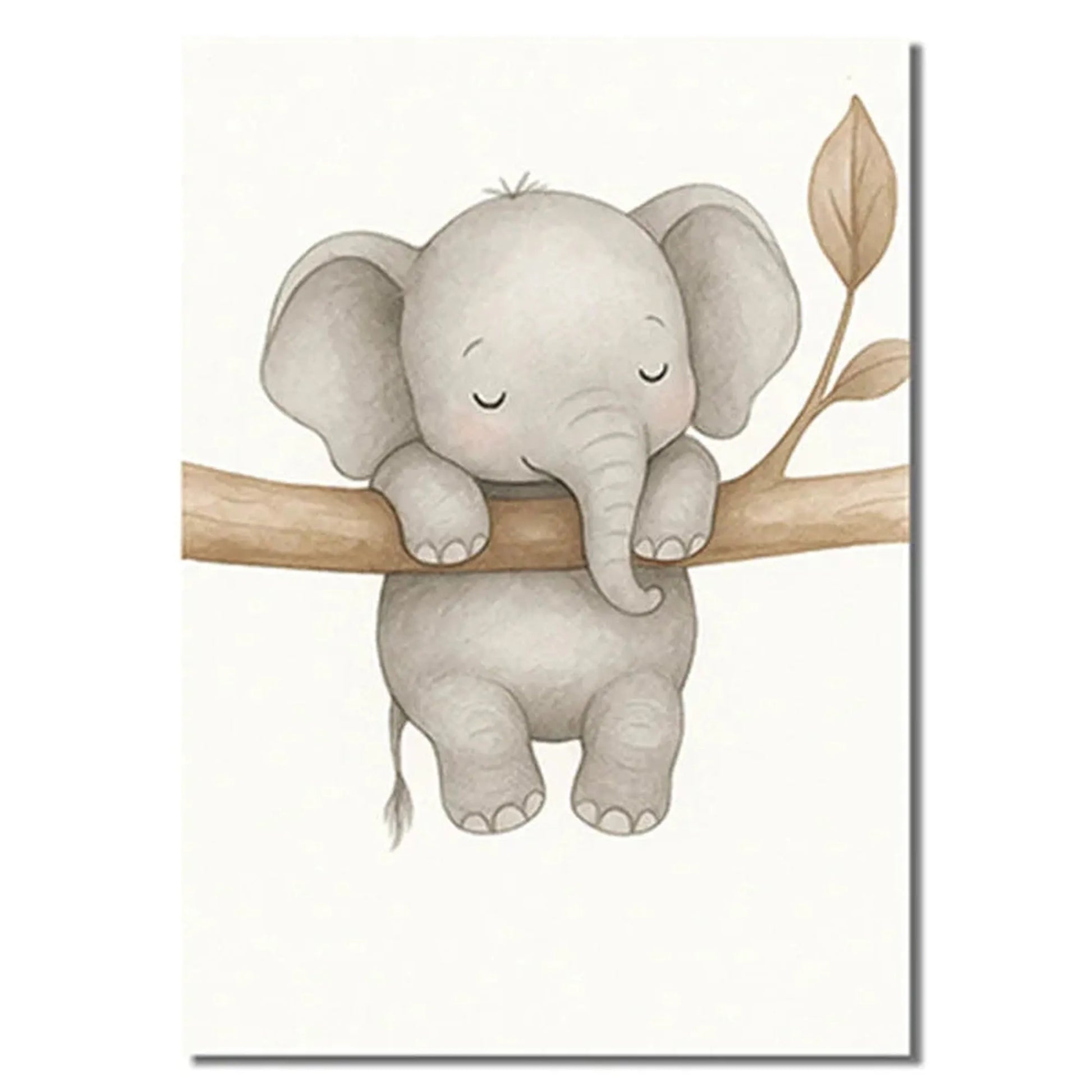 Cute watercolor baby elephant hanging from a brown branch with leaves, on a white canvas.
