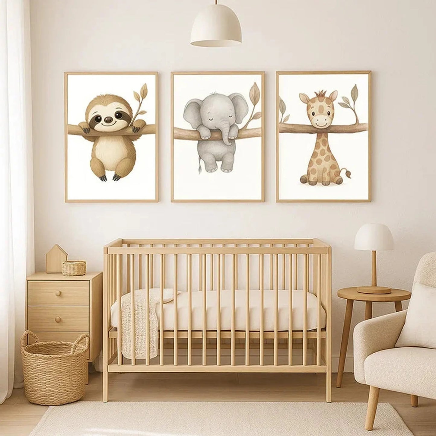 Three framed canvas prints with cute safari animal illustrations (sloth, elephant, giraffe) above a wooden crib.