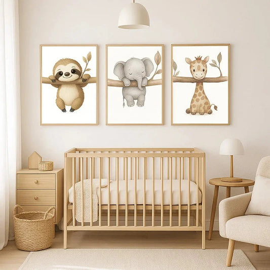 Three framed canvas prints with cute safari animal illustrations (sloth, elephant, giraffe) above a wooden crib.