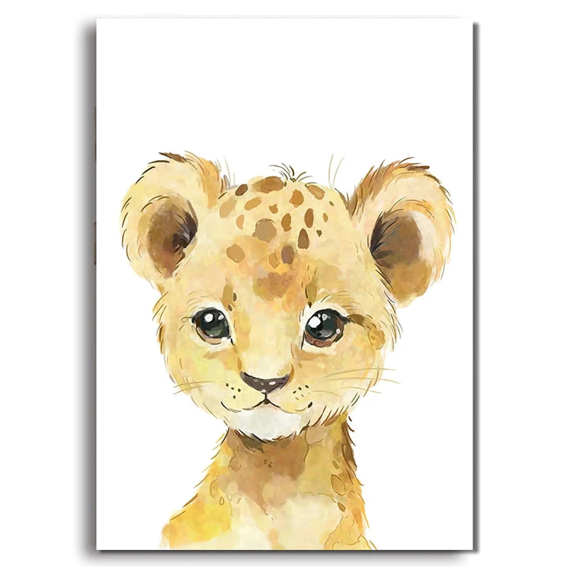 Cute watercolor baby lion cub canvas print for kids' room decor.