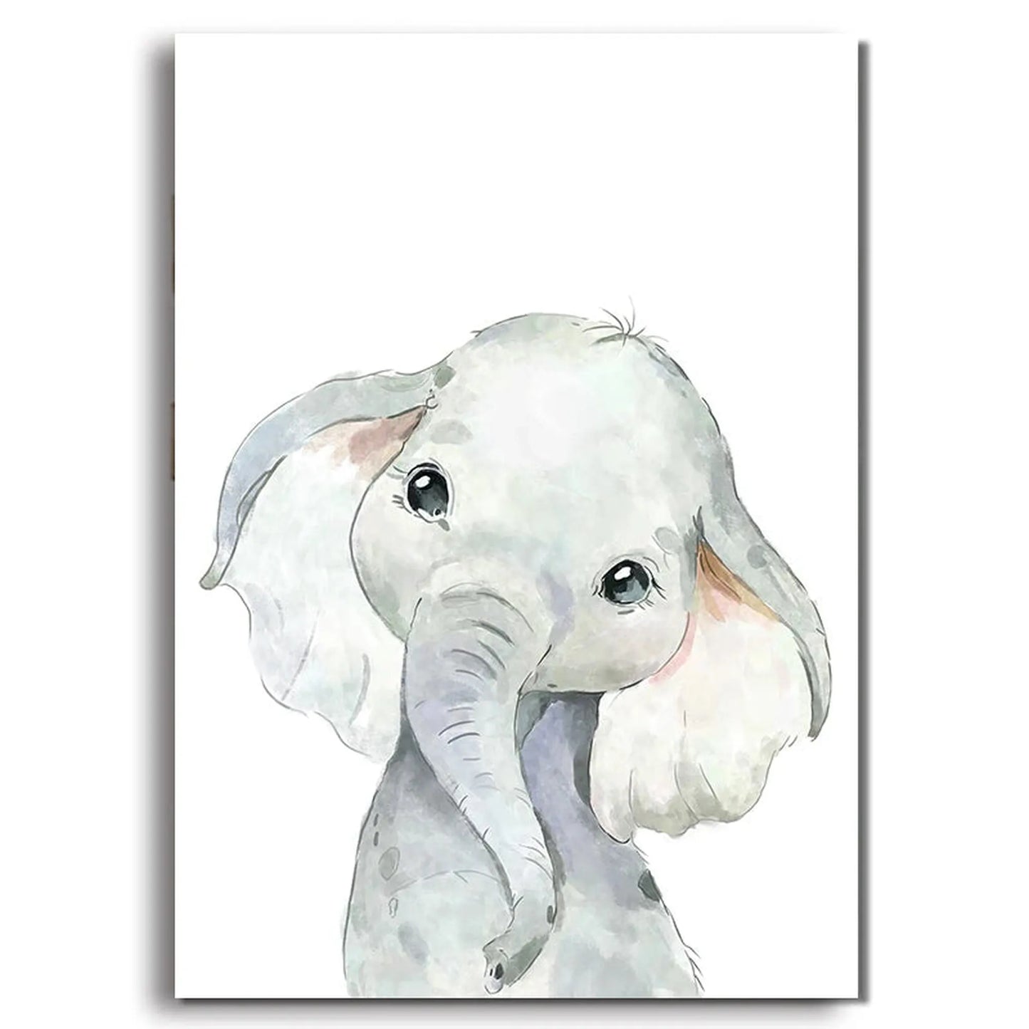 Watercolor baby elephant canvas print for a child's room, featuring soft gray tones on a white background.
