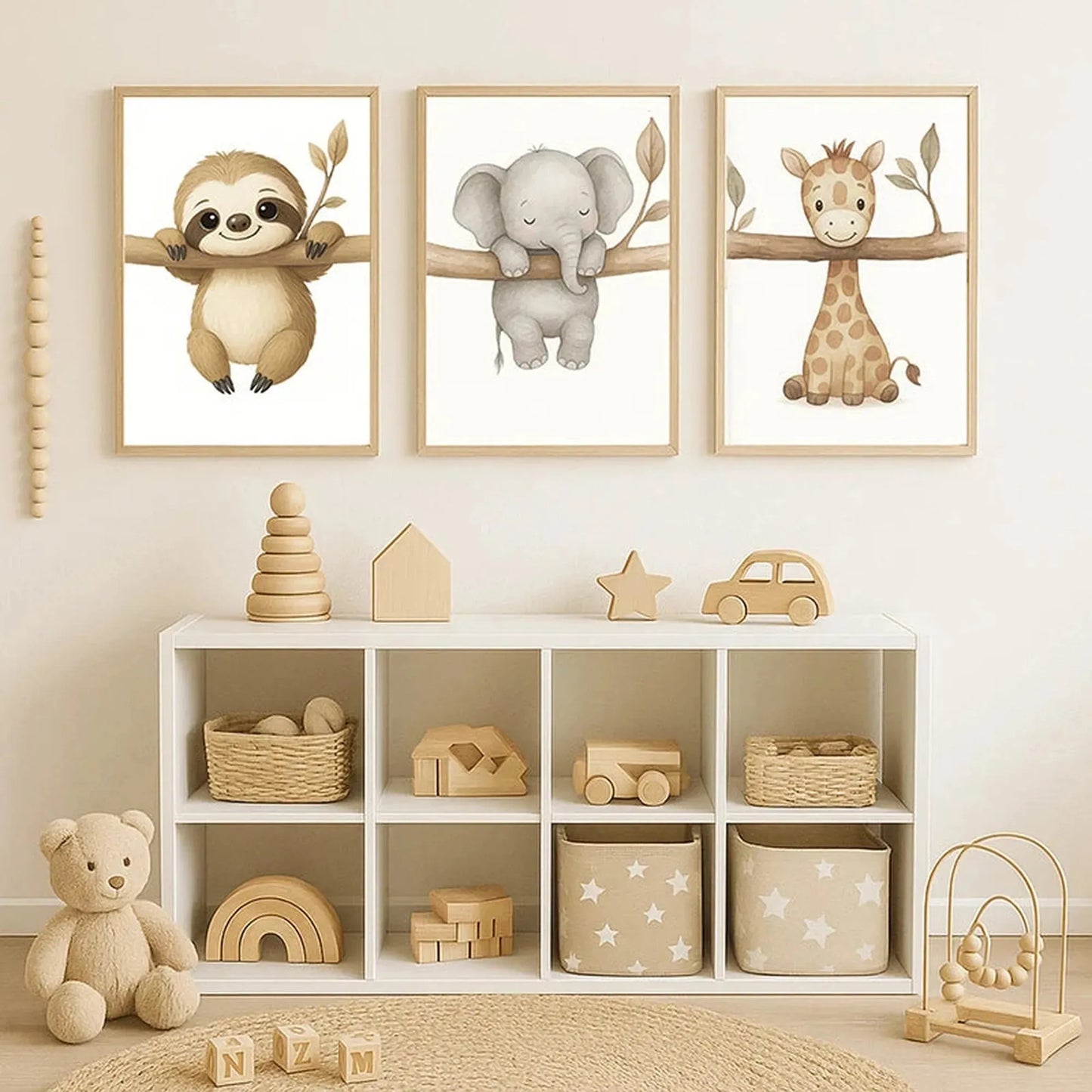 Three framed canvas prints for a nursery, featuring watercolor safari animals: a sloth, an elephant, and a giraffe, above a white storage unit with wooden toys.