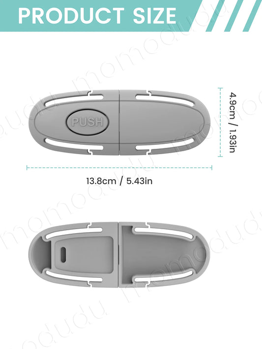 Gray universal child safety seat belt buckle protector with "PUSH" button, 13.8cm long.