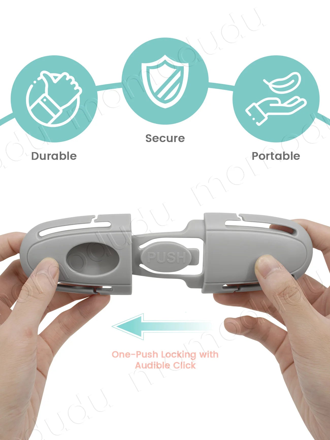 Gray universal child safety seat belt buckle guard with one-push locking mechanism.