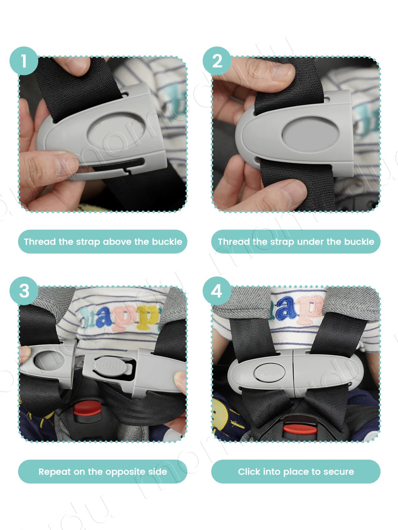 Gray universal child safety belt buckle guard installation steps on a car seat.