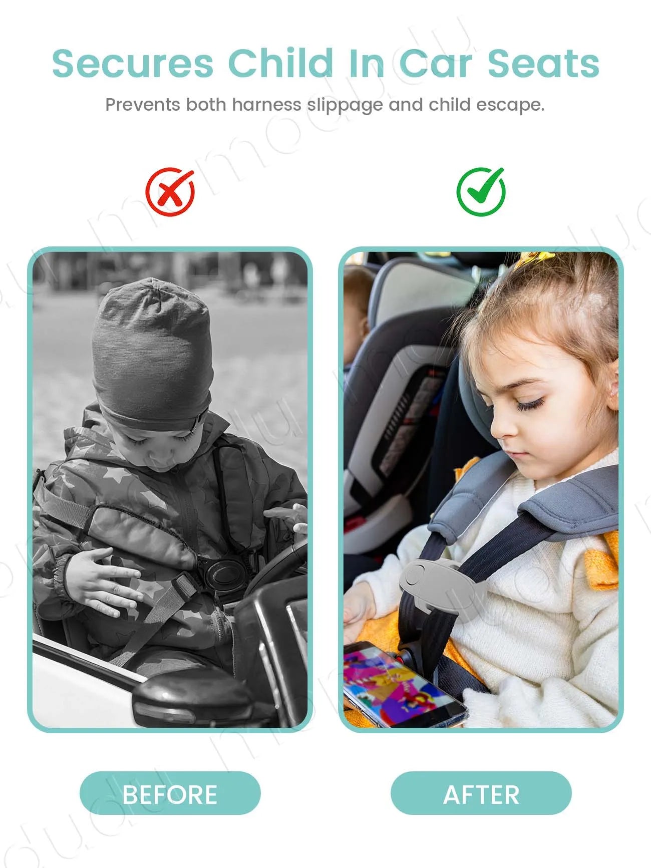 Child car seat harness clip, gray plastic, preventing escape, shown before and after use.