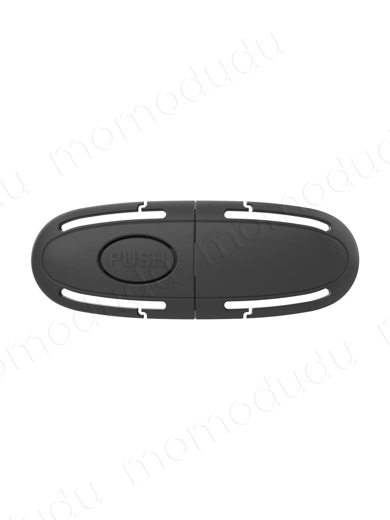 Black universal child safety seat belt buckle protector with "PUSH" button.