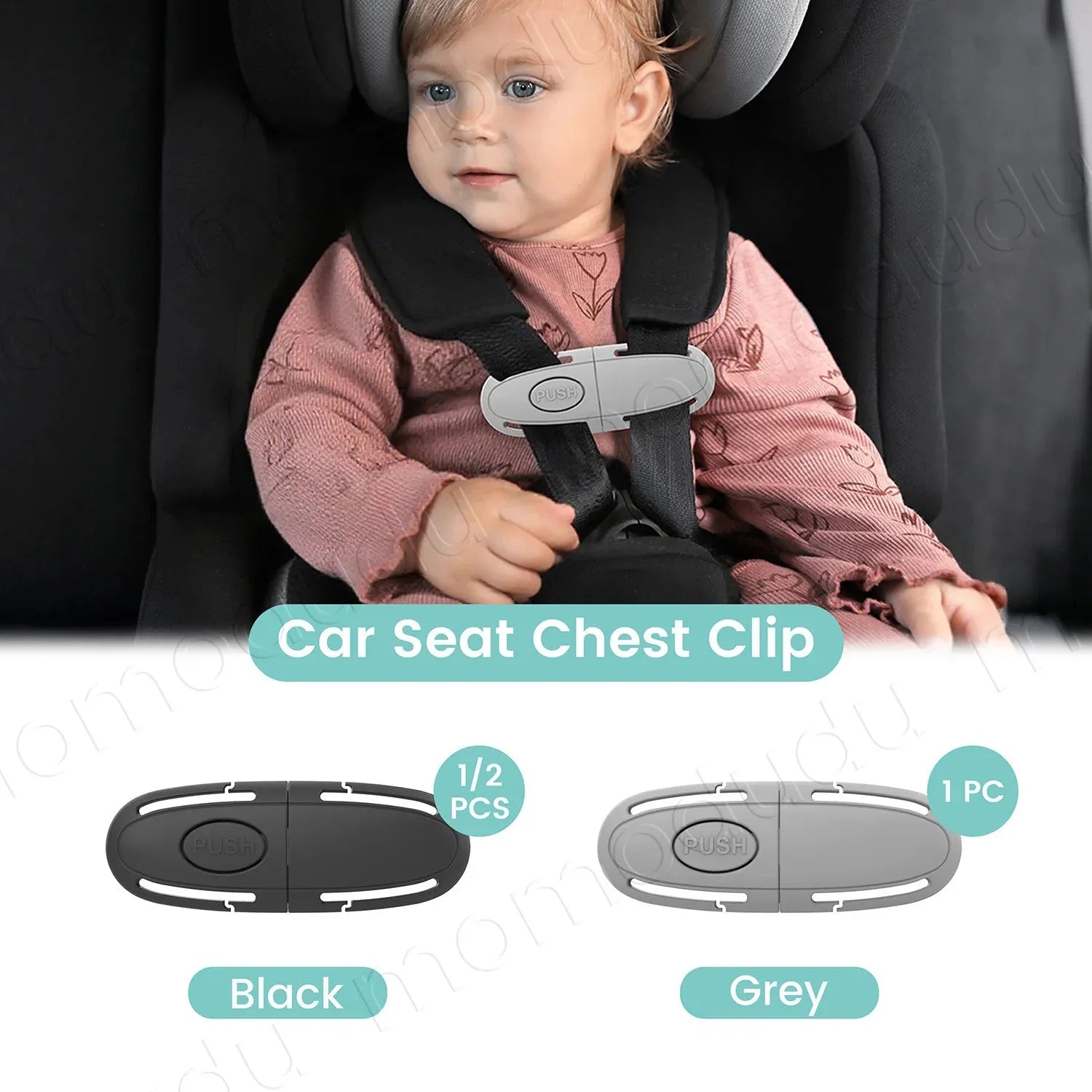 Baby in a car seat with a grey universal safety belt chest clip, shown with black and grey clip options.