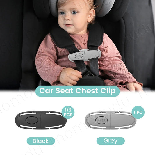 Baby in a car seat with a grey universal safety belt chest clip, shown with black and grey clip options.