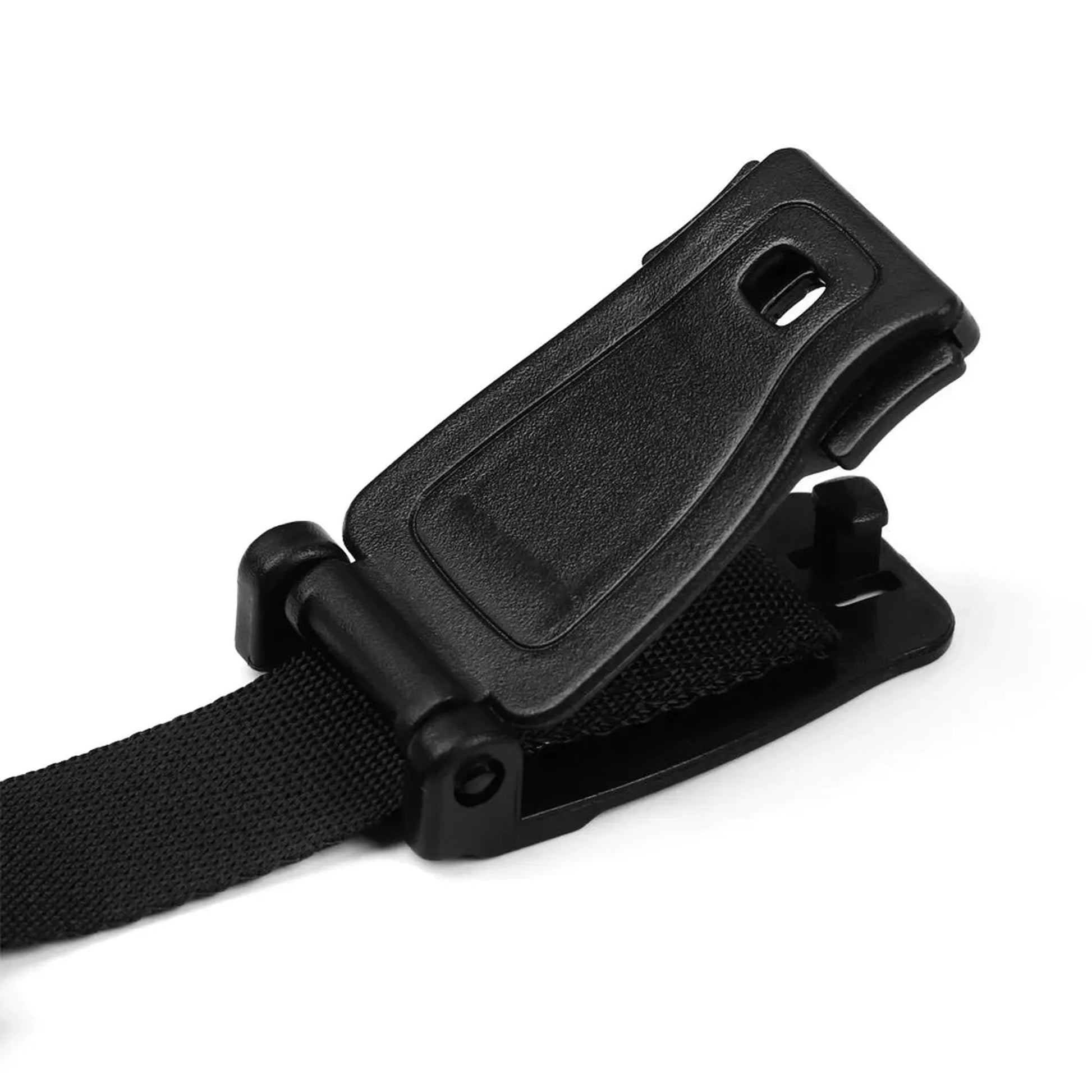 Black ABS safety buckle for car seat or stroller harness, preventing escape.