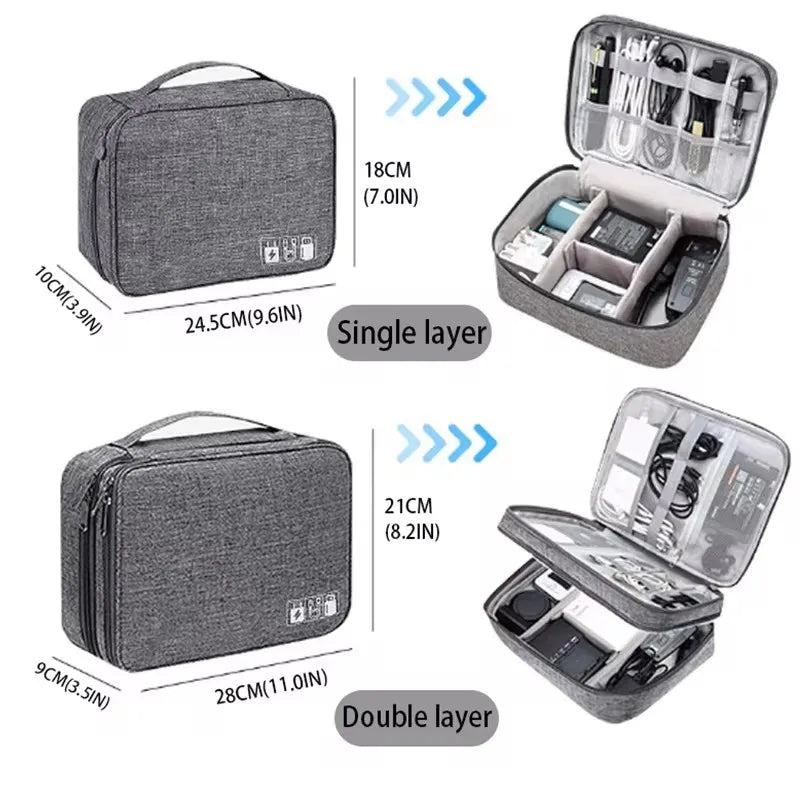 Gray Oxford fabric waterproof electronic accessory organizer bag, shown in single and double layer options with dimensions.
