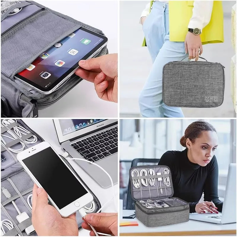 Gray waterproof Oxford fabric electronic organizer bag with multiple compartments for cables and devices.