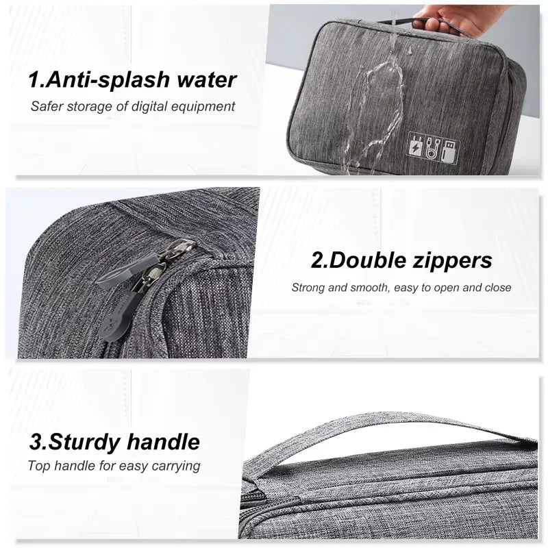 Gray Oxford fabric waterproof electronic accessory organizer with double zippers and a sturdy handle.