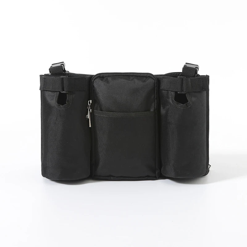 Black waterproof stroller organizer bag with multiple compartments and bottle holders.