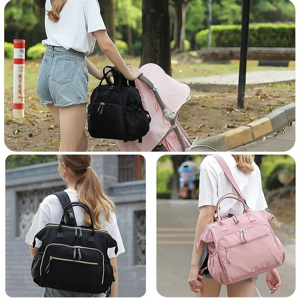 Black and pink polyester diaper backpack with changing pad, carried by women and attached to a stroller.