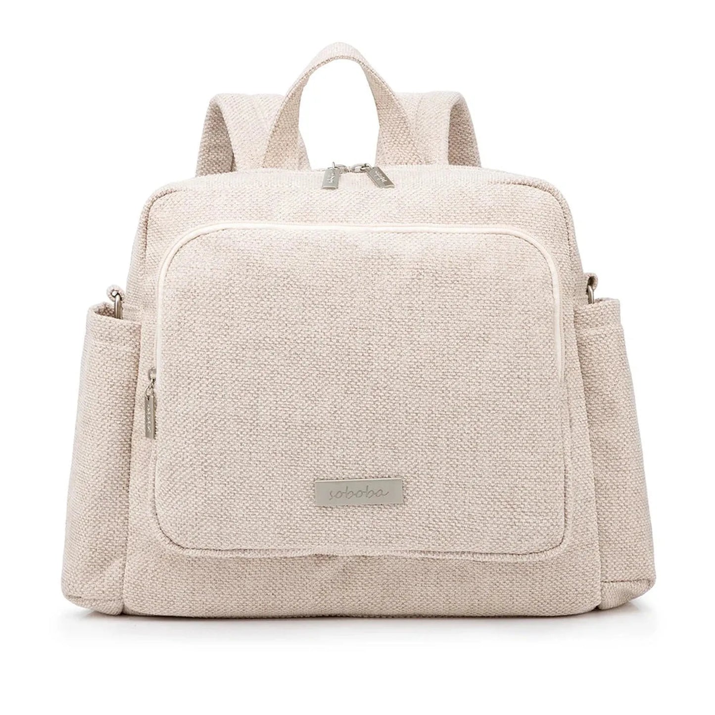 Beige textured waterproof diaper backpack with front pocket, side pockets, and silver zippers.