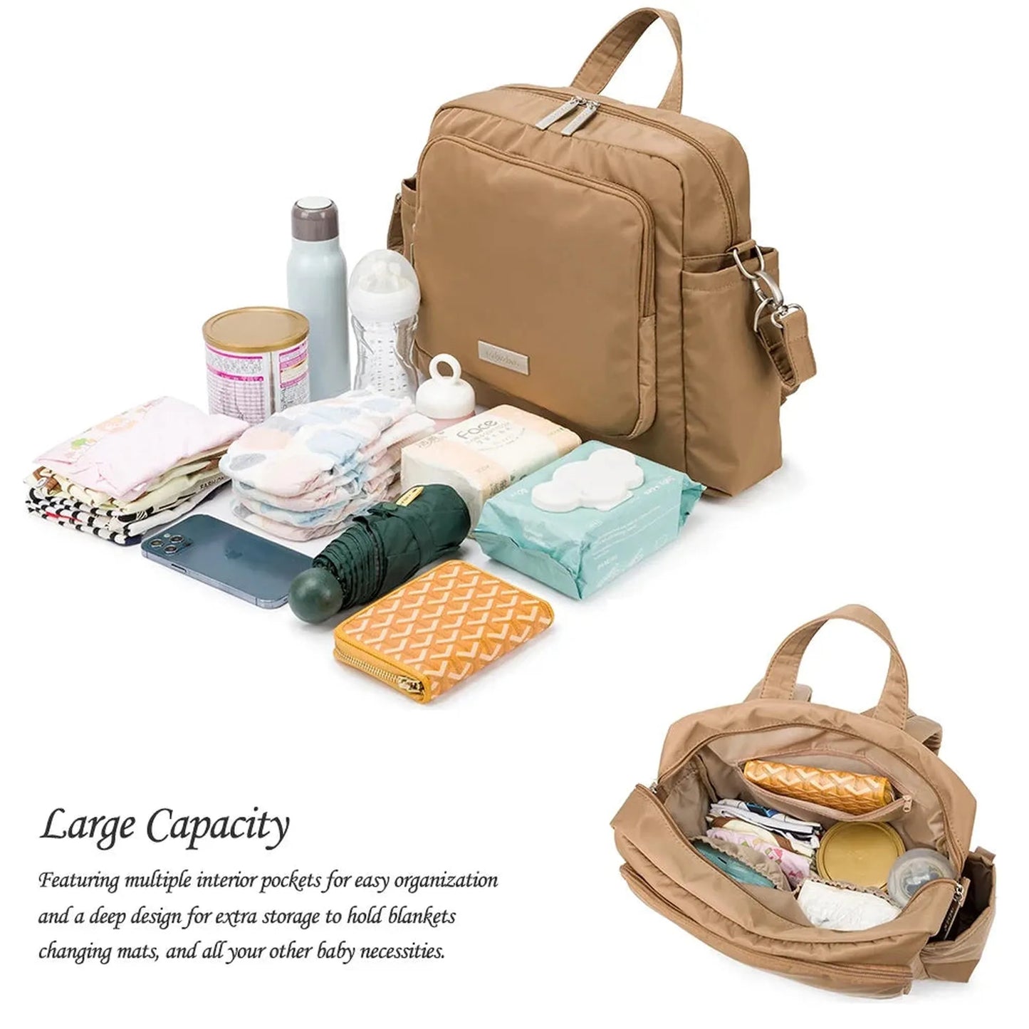 Tan waterproof diaper backpack with large capacity, multiple pockets, and baby essentials.