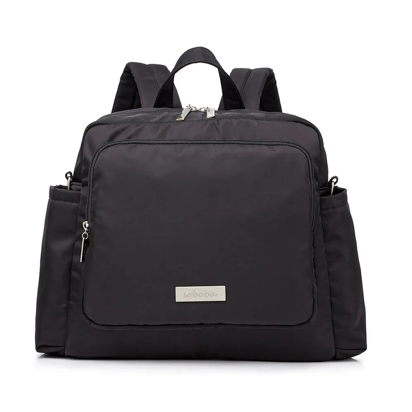 Black waterproof diaper backpack with multiple pockets and silver hardware.