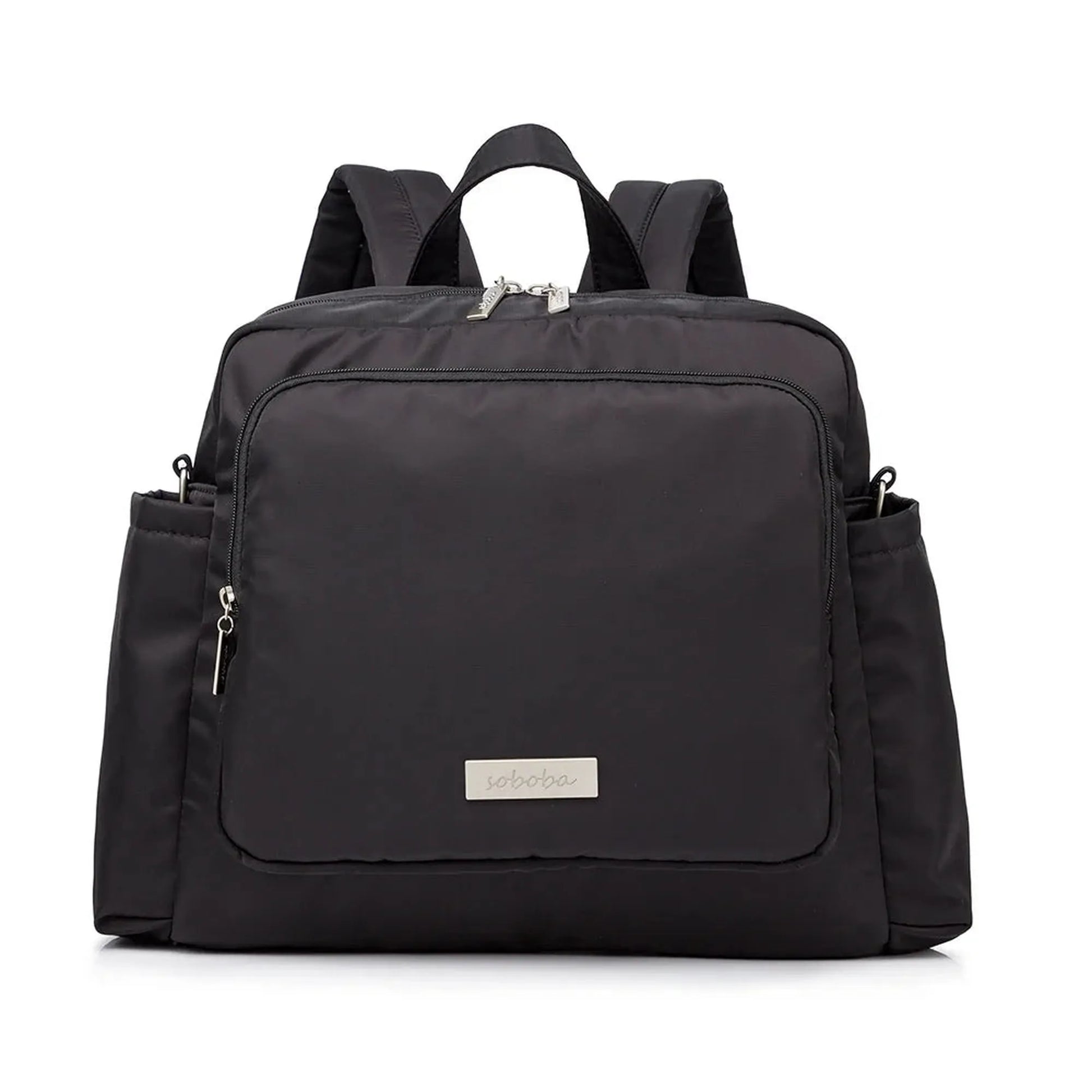 Black waterproof diaper backpack with multiple pockets and silver hardware.