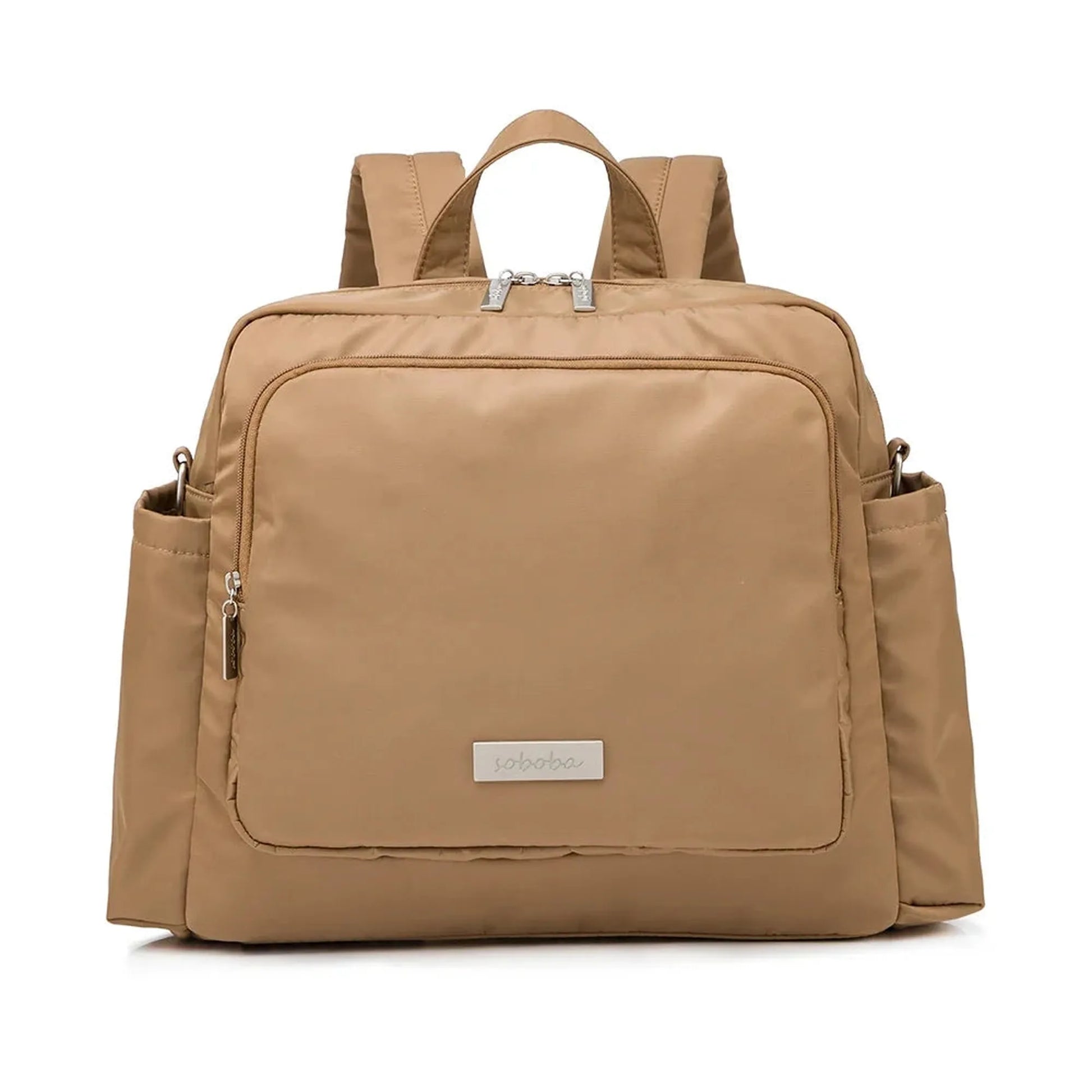 Stylish beige waterproof diaper backpack with front pocket and side compartments.