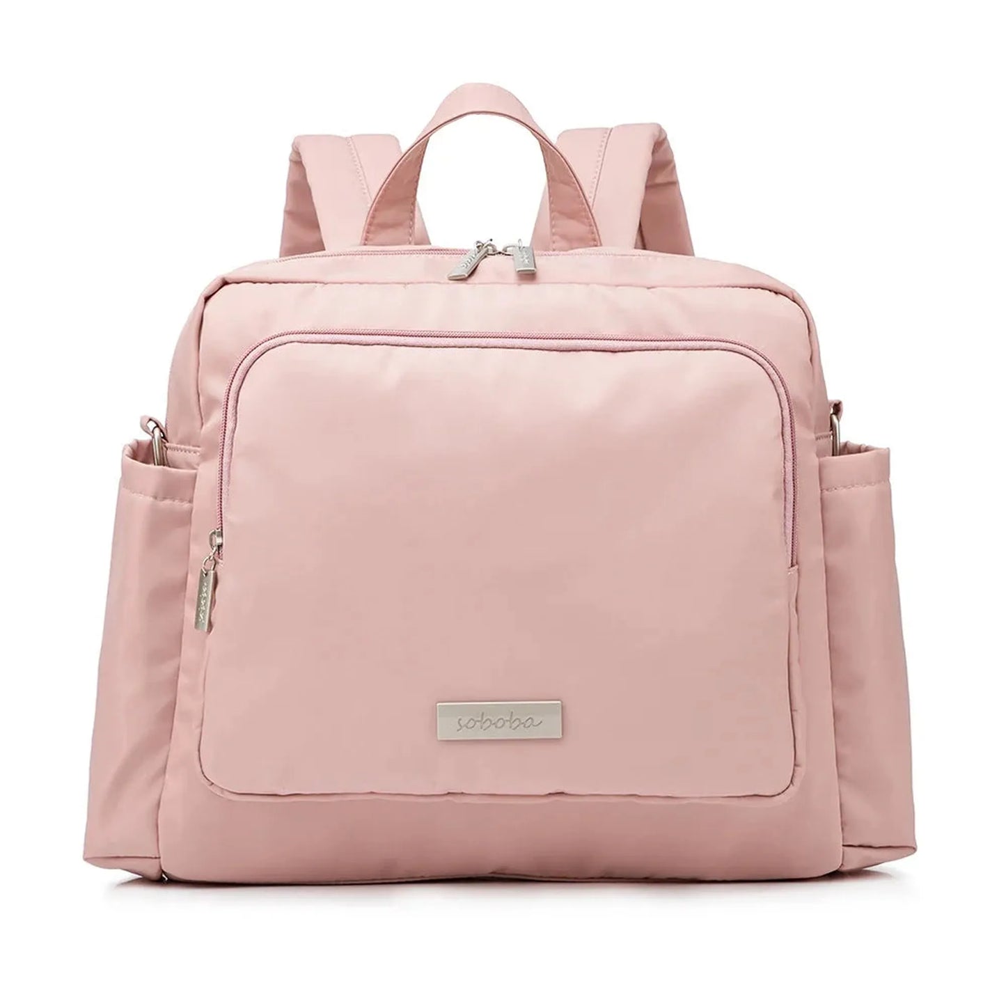 Pink waterproof diaper backpack with front pocket and side compartments.