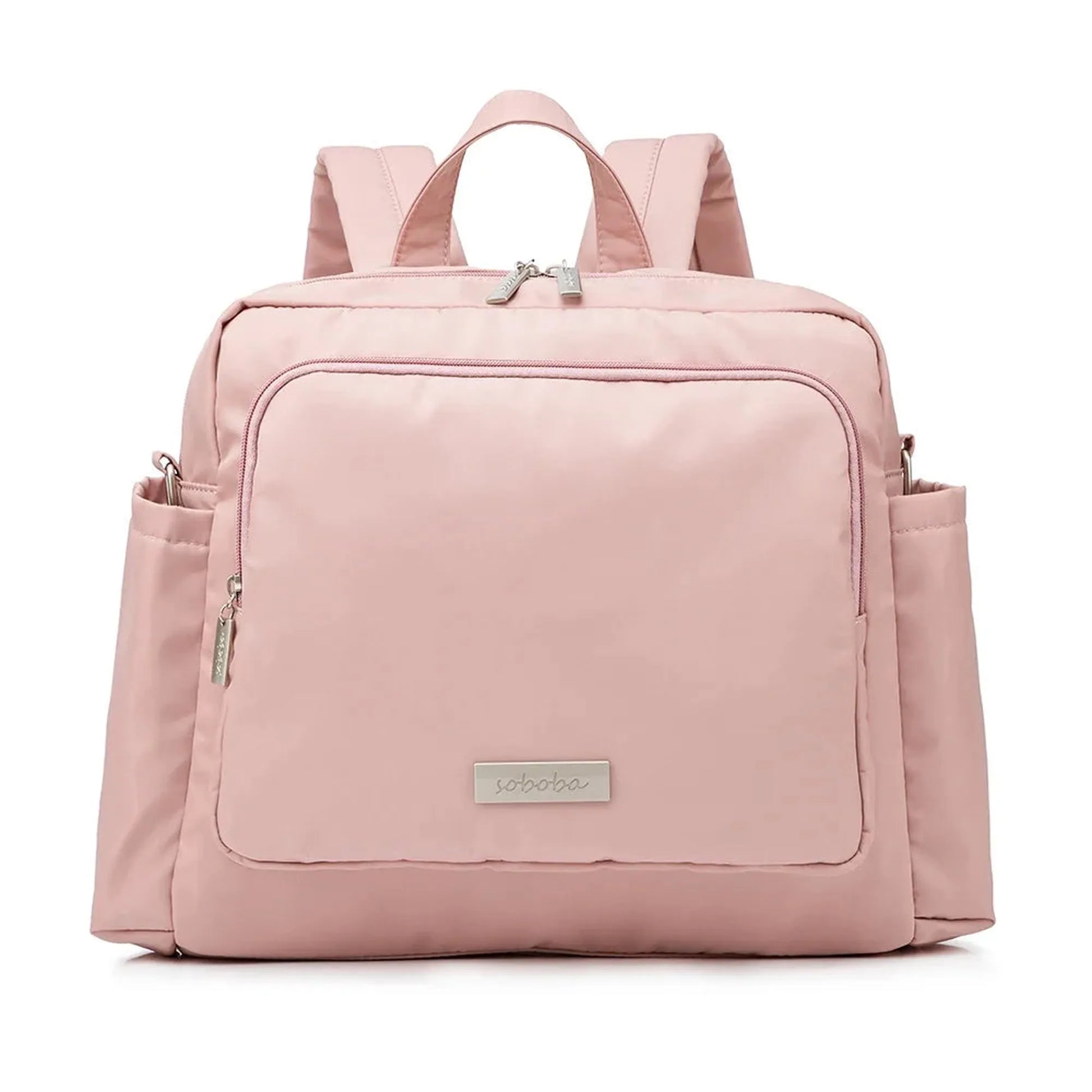 Pink waterproof diaper backpack with front pocket and side compartments.