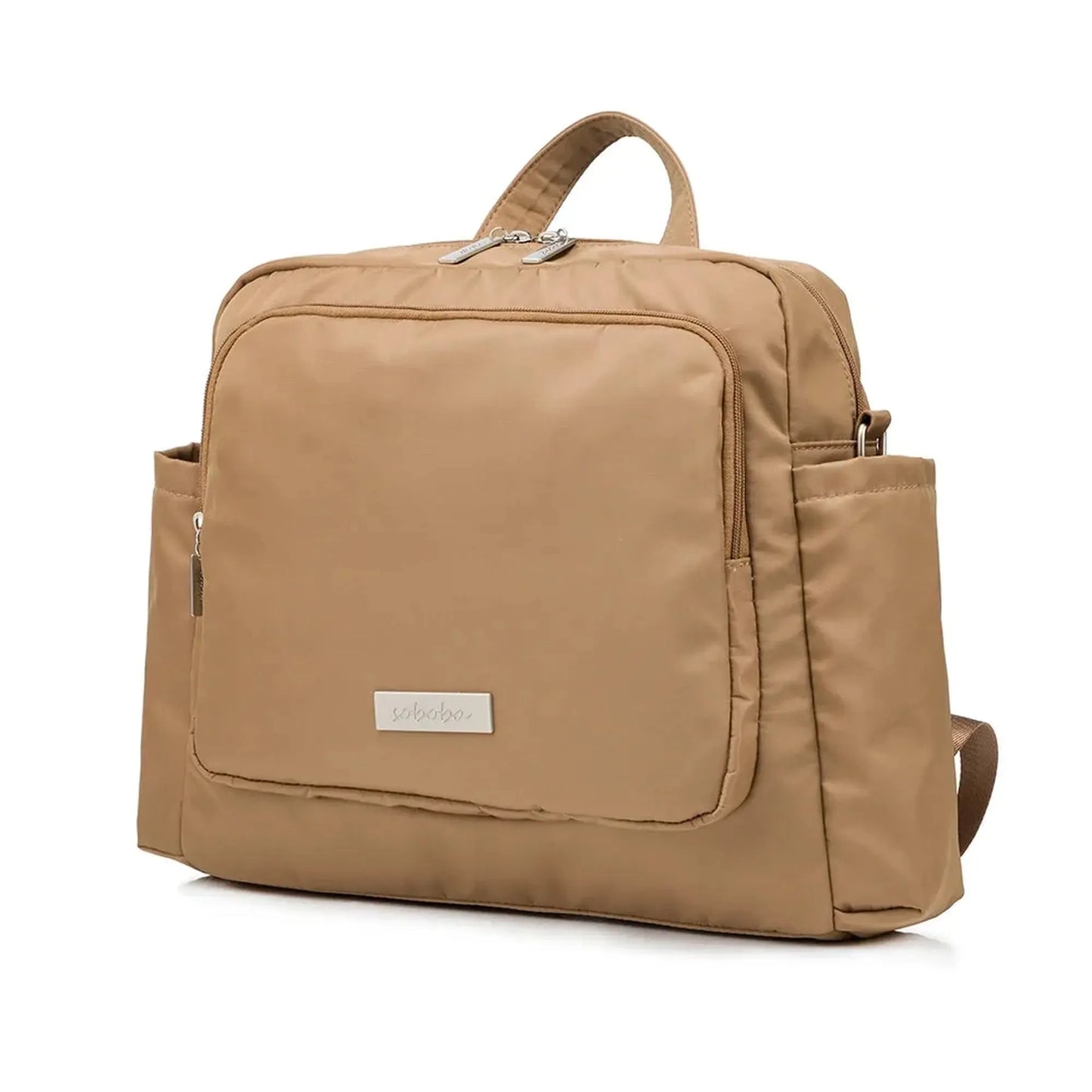 Luxury tan waterproof diaper backpack with large capacity, multiple pockets, and silver hardware.