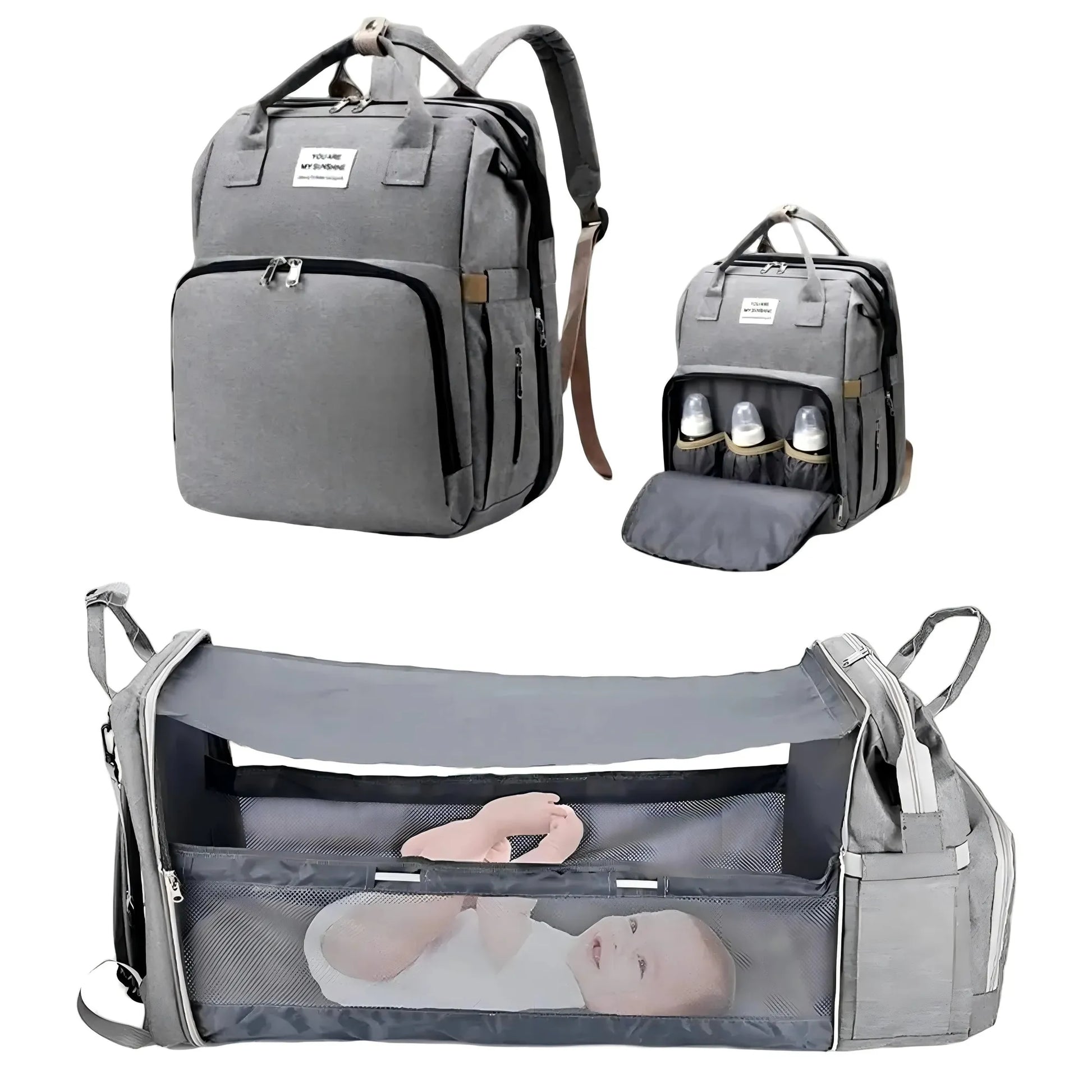Gray 3-in-1 diaper backpack with foldable baby bed, insulated bottle pockets, and USB charging.