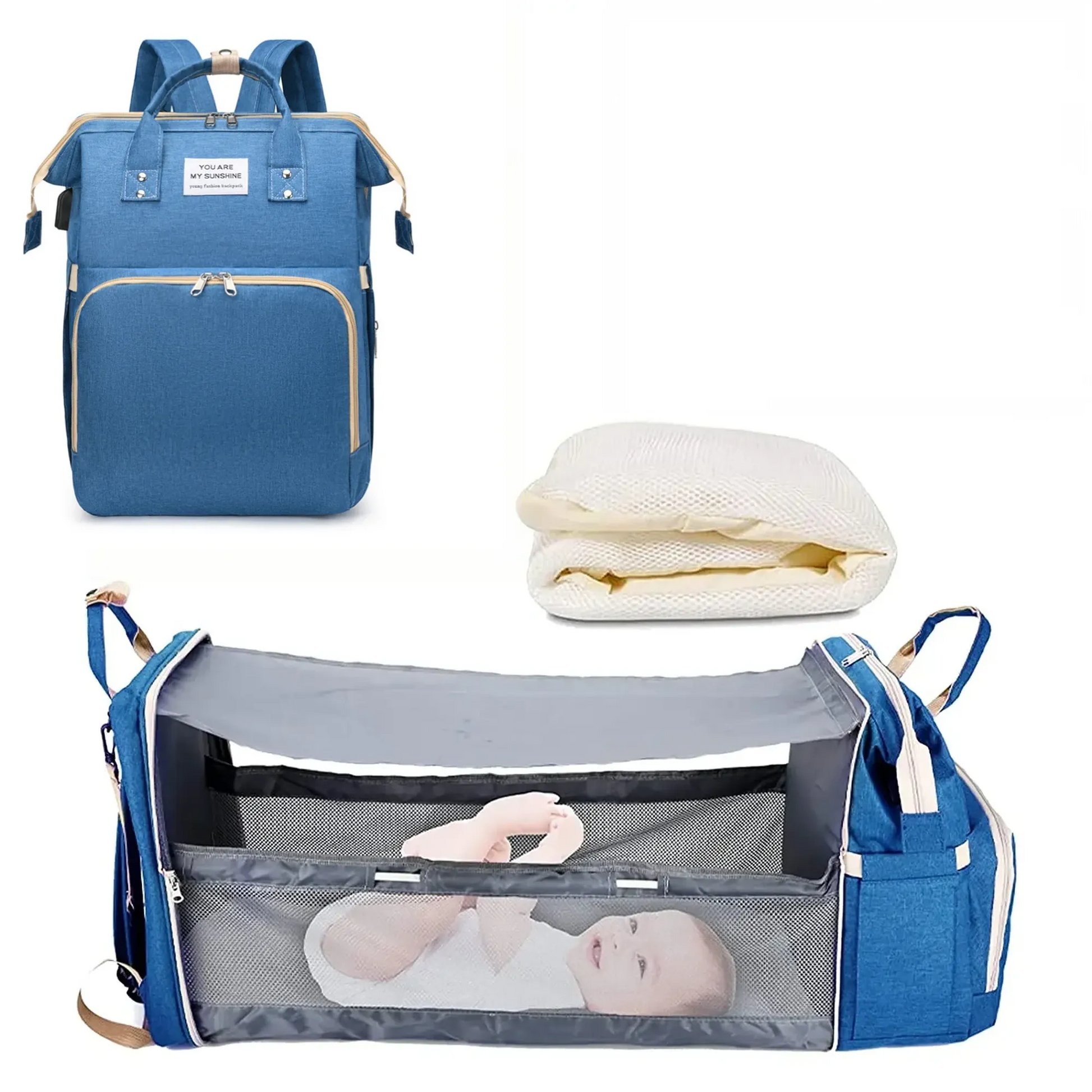 Blue 3-in-1 diaper backpack with foldable baby bed, changing station, and mesh sunshade.