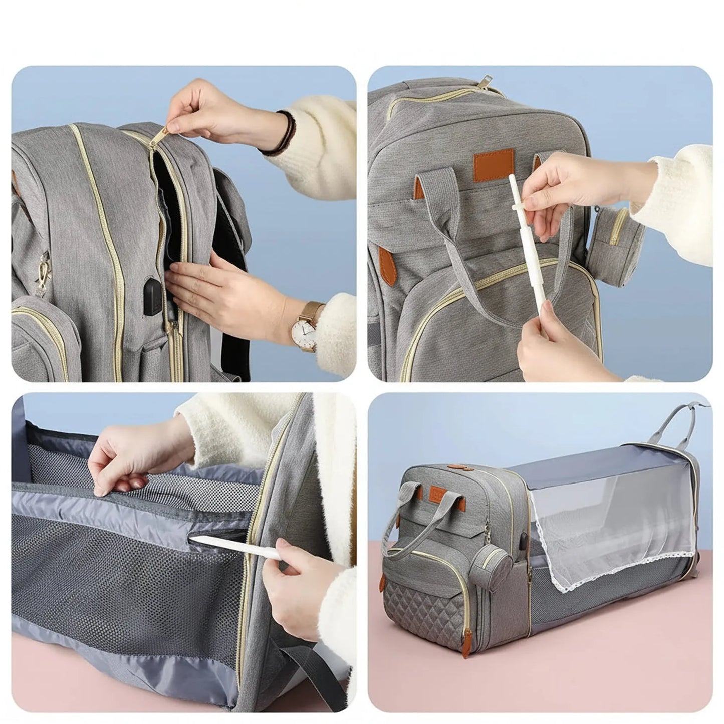 Gray 3-in-1 diaper bag with foldable bed, changing station, USB port, and insulated pockets.