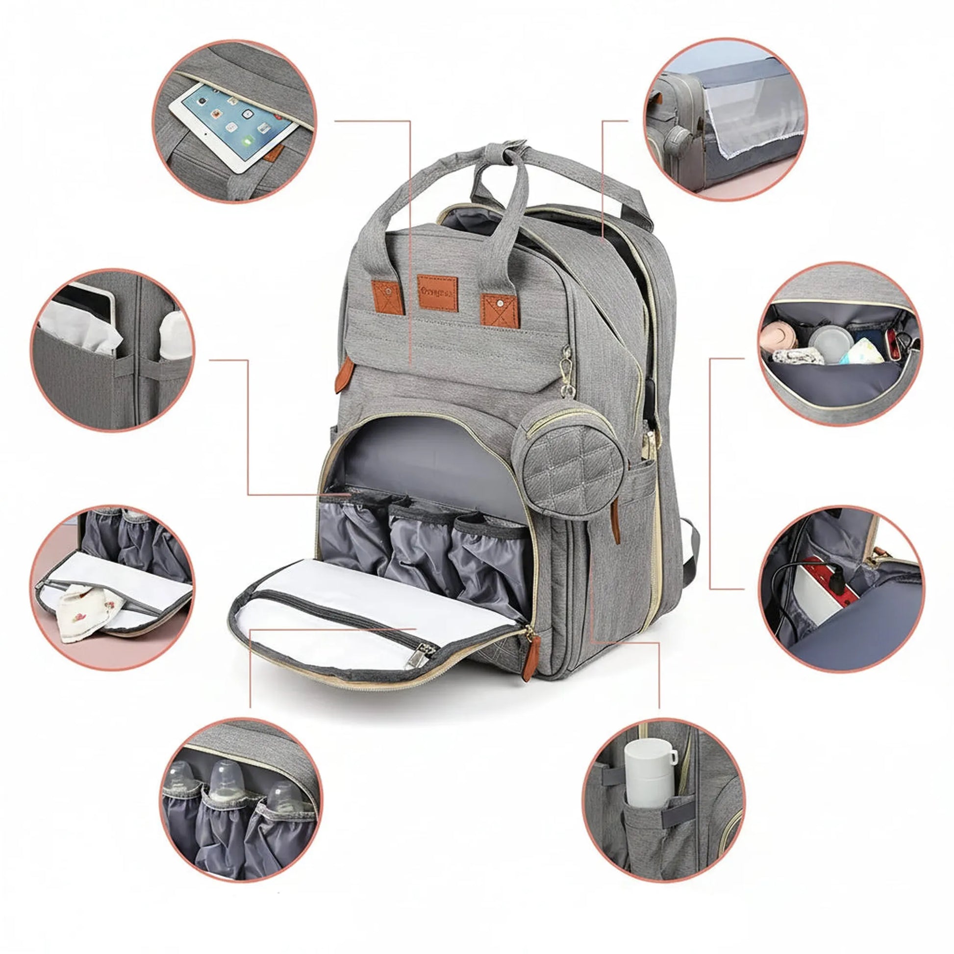 Gray 3-in-1 diaper bag backpack with foldable baby bed, changing station, and multiple storage compartments.