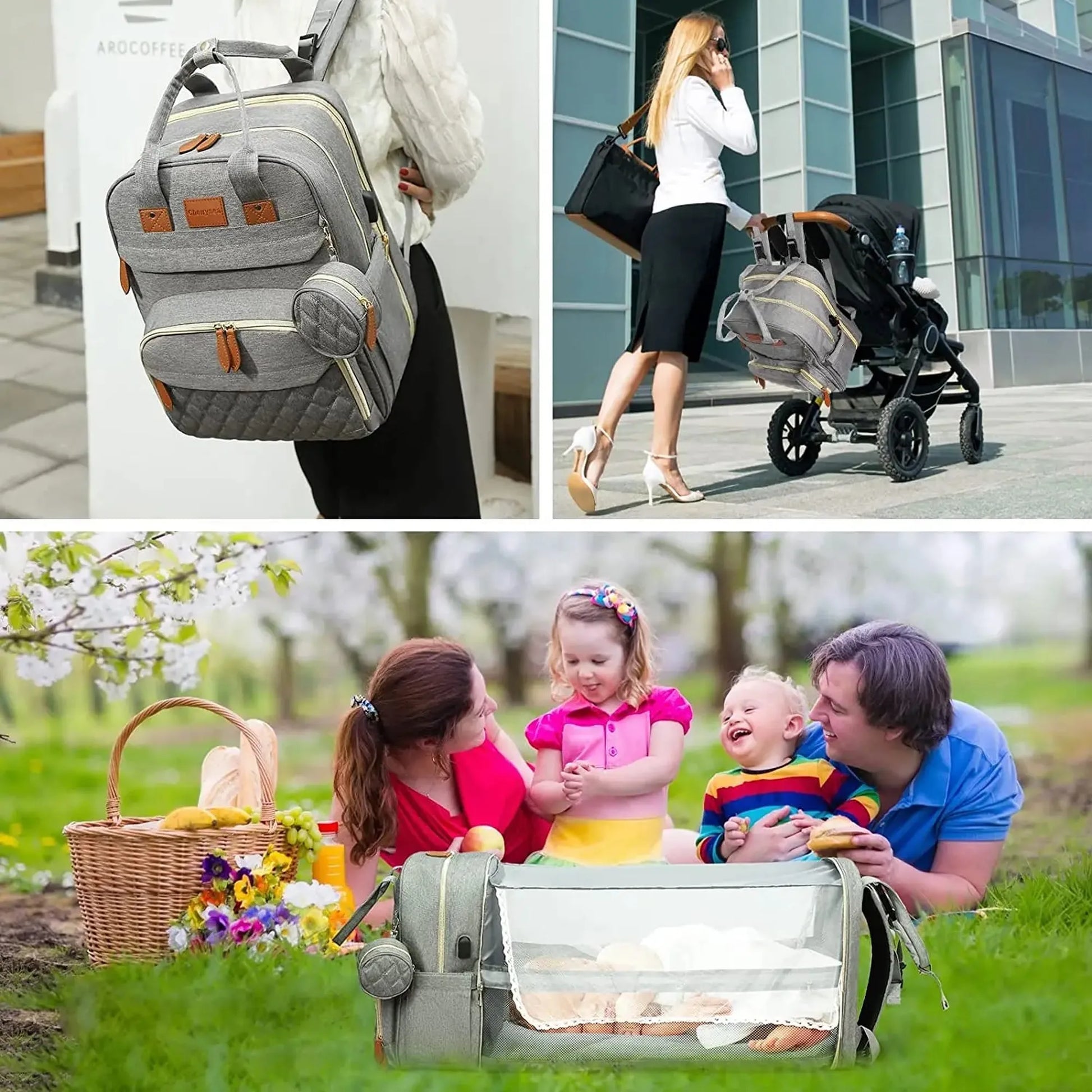 Gray 3-in-1 diaper bag backpack with foldable bed, changing station, and USB port, shown with family outdoors.