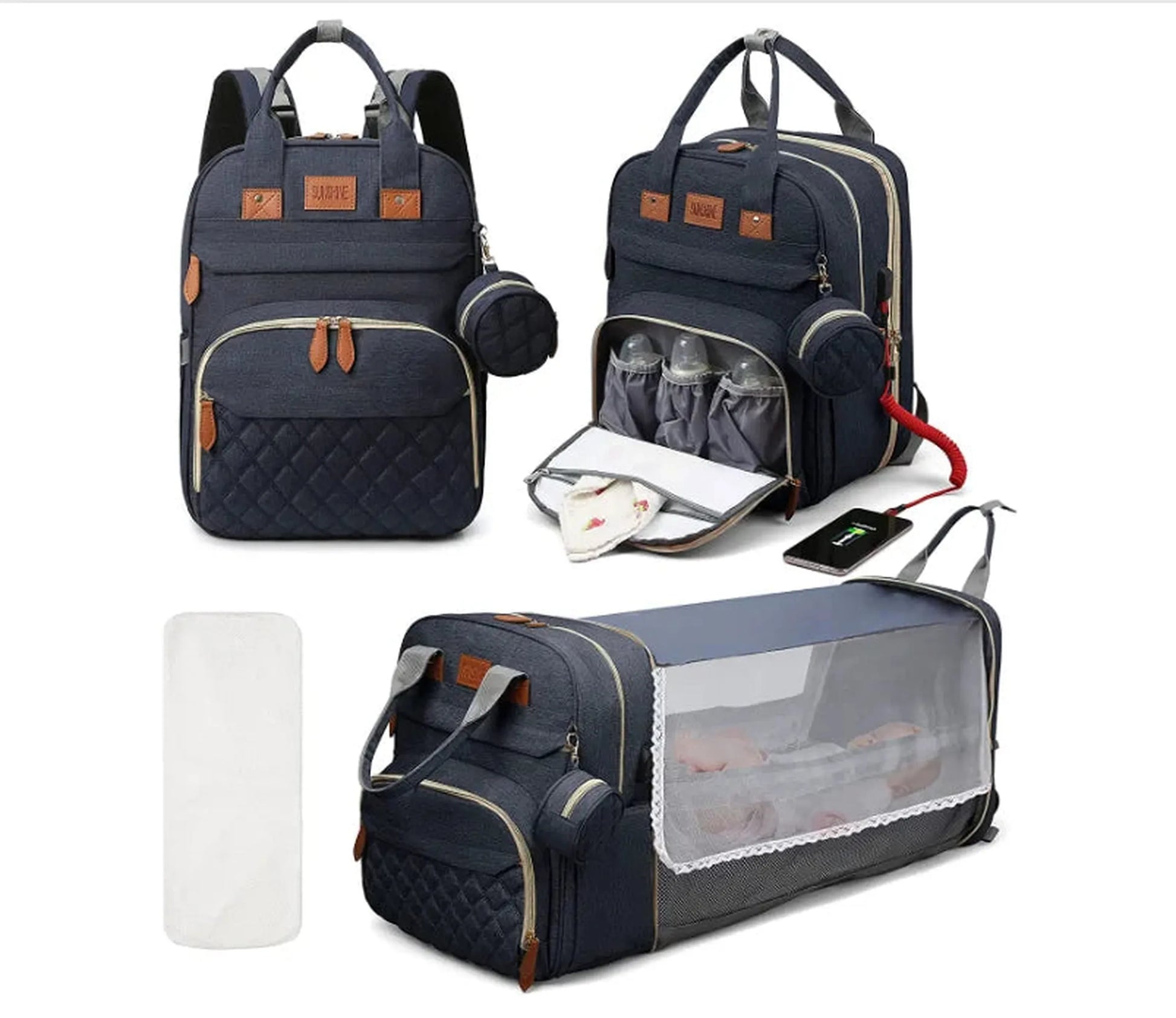 Navy 3-in-1 diaper backpack with foldable bassinet, changing station, insulated pockets, and USB charging.