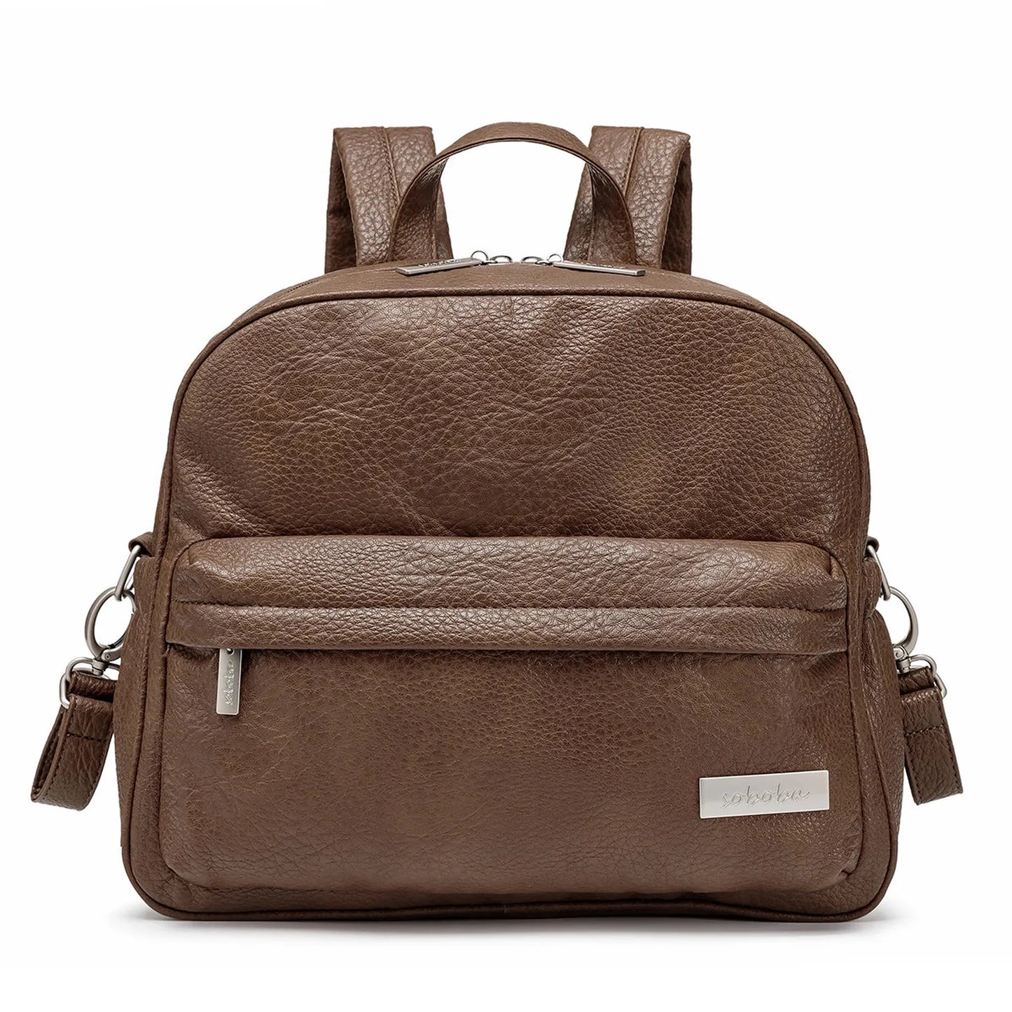 Brown faux leather diaper backpack with front pocket, top handle, and adjustable straps.