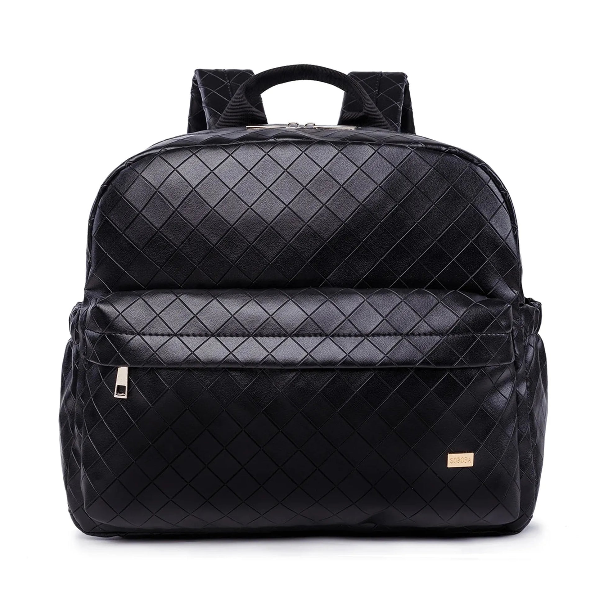 Stylish black quilted PU/PVC diaper backpack with gold zippers and adjustable straps.