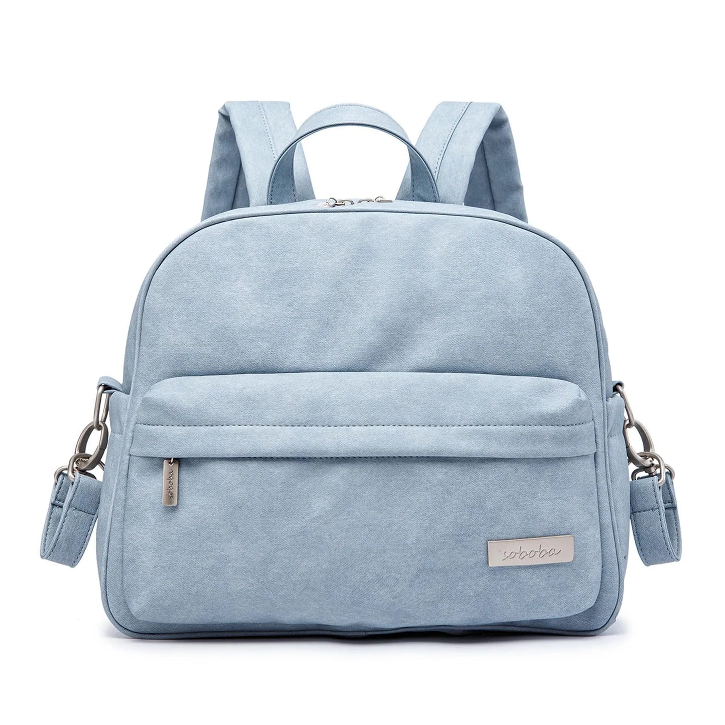 Light blue waterproof diaper backpack with front pocket, top handle, and adjustable shoulder straps.