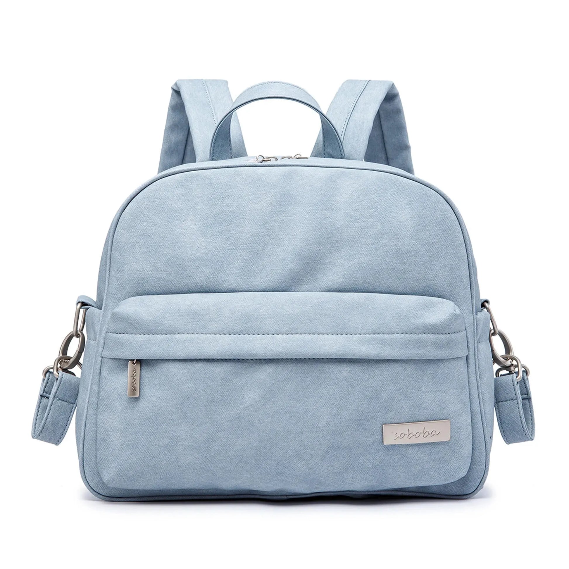 Light blue waterproof diaper backpack with front pocket, top handle, and adjustable shoulder straps.