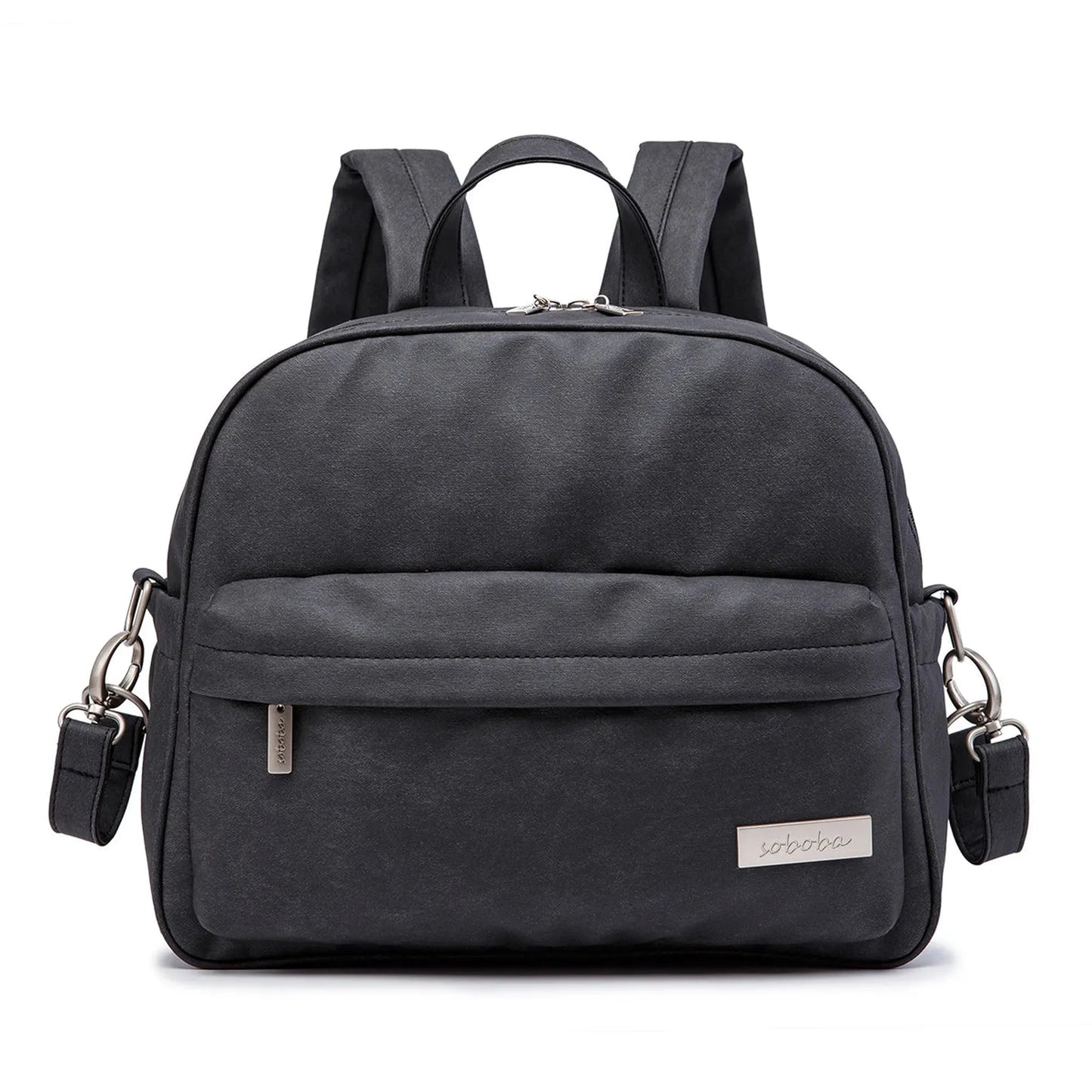 Stylish black waterproof diaper backpack with front pocket, top handle, and adjustable shoulder straps.
