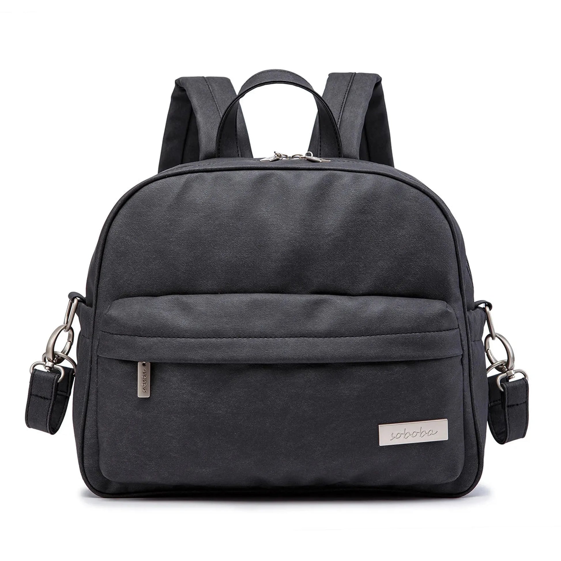 Stylish black waterproof diaper backpack with front pocket, top handle, and adjustable shoulder straps.